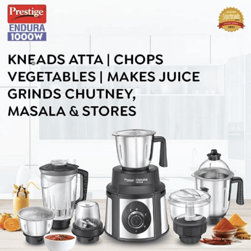 Prestige Endura 1000W Mixer Grinder, 6 Jars (1500 ml, 1000 ml, 1500 ml, 450 ml) (Black, Silver) - Image 2